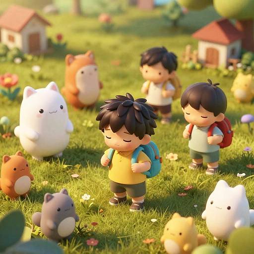 CGI image of three cute, chibi-style boys with backpacks walking in a sunny, grassy field with adorable, fluffy, cat-like creatures