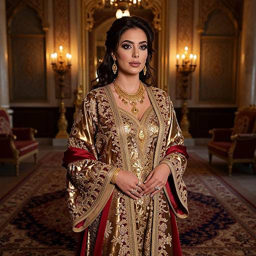 Photograph of a beautiful South Asian woman in an ornate gold and red traditional dress, standing in an opulent, warmly lit room with elegant furniture
