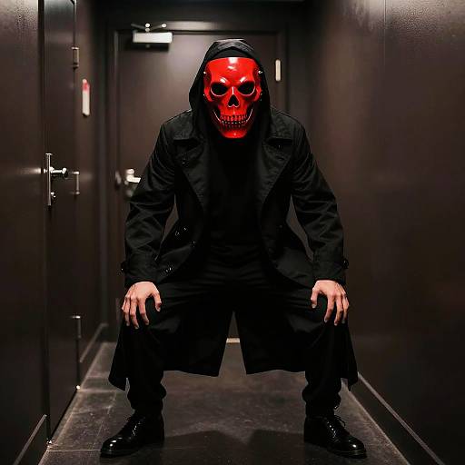 Photograph of a person squatting in a dark, narrow hallway, wearing a black hooded coat and a red skull mask with hollow eyes and a