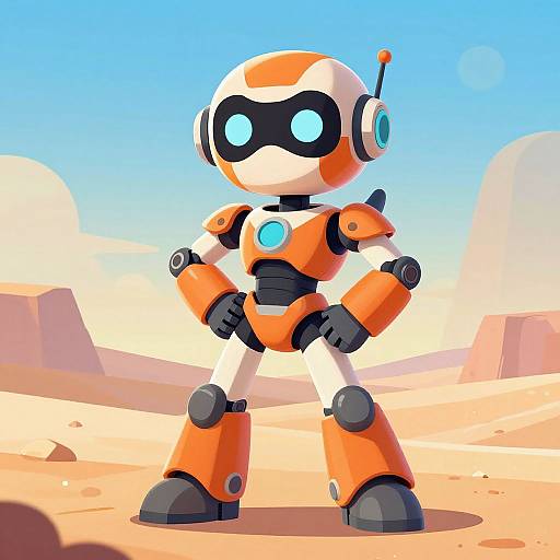 Brightly colored cartoon robot with orange and white body, blue glowing eyes, and black accents stands confidently in a desert landscape.