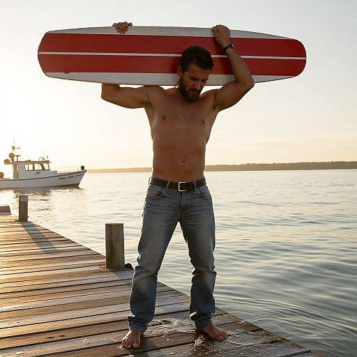 Shirtless bearded man with dark hair stands on wooden dock, holding red and white surfboard overhead at sunset; boat in background. Photographic