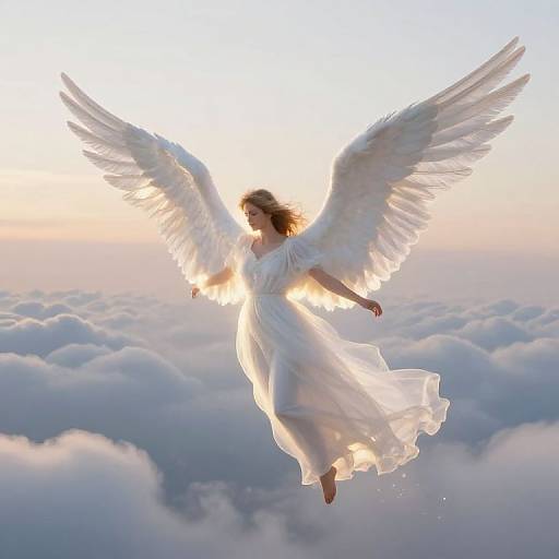 Photograph of a woman with large, glowing white angel wings and flowing white dress, soaring above a sea of fluffy clouds at sunset.