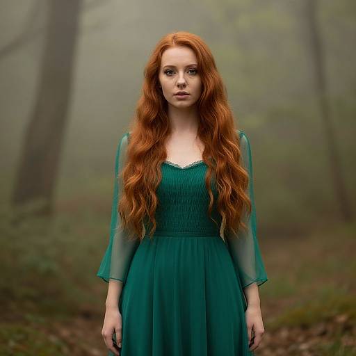 Photograph of a fair-skinned, red-haired woman with long wavy hair, wearing a teal dress with sheer sleeves, standing in a misty