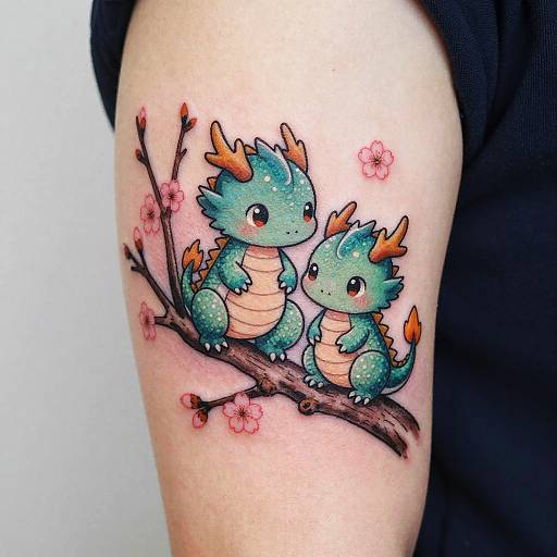 Adorable Baby Dragon Cherry Blossom Tattoo