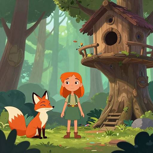 Animated Girl and Fox Discover Treehouse