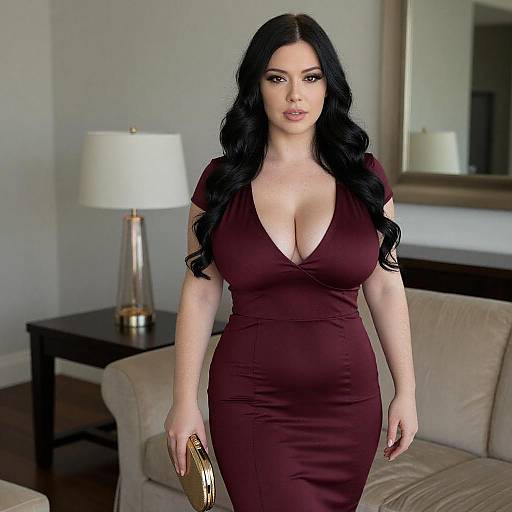Photograph of a curvy woman with long black hair, wearing a deep burgundy, low-cut dress, holding a gold clutch, standing in a