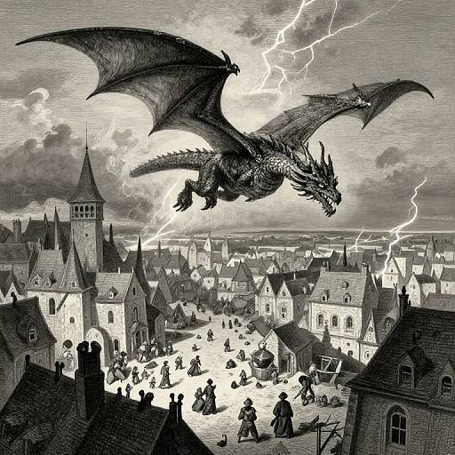 Black-and-white drawing of a dragon soaring over a medieval village with lightning, people, and buildings. Detailed, dynamic, and chaotic scene.