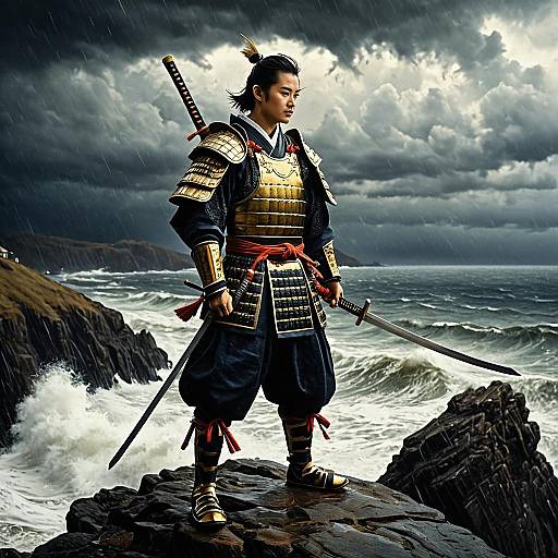 Young Samurai Apprentice on Stormy Cliff