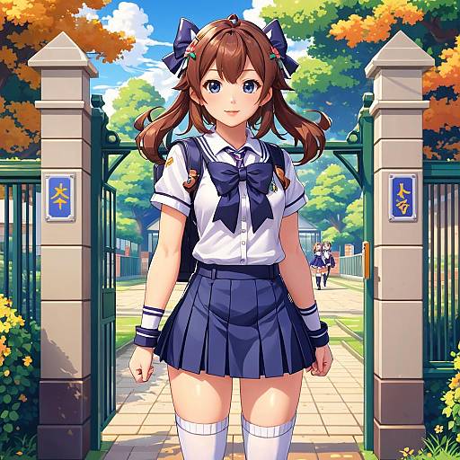 Digital anime-style drawing of a cute brown-haired girl in a navy school uniform, standing at a sunlit, flowered school gate.