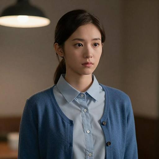 Serious Young Woman Portrait in Blue