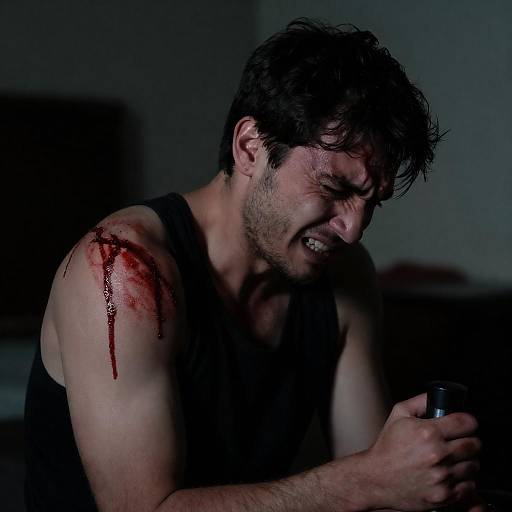 Bloodied Man Gripping Dark Object in Shadows