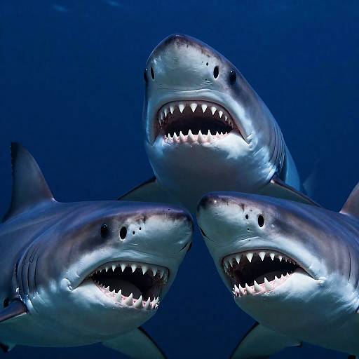 Three Intense Sharks in Underwater Scene