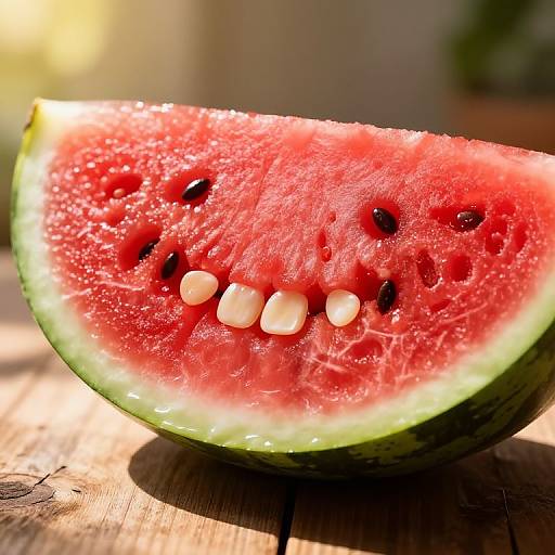 Close-up photograph of a juicy, red watermelon slice with black seeds and white kernels, resting on a sunlit wooden surface.
