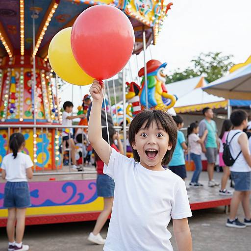 Photograph of a young Asian boy with short black hair, wearing a white t-shirt, joyfully holding three colorful balloons (red, yellow) at