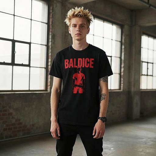 Photograph of a blond, white male with spiked hair, wearing a black 