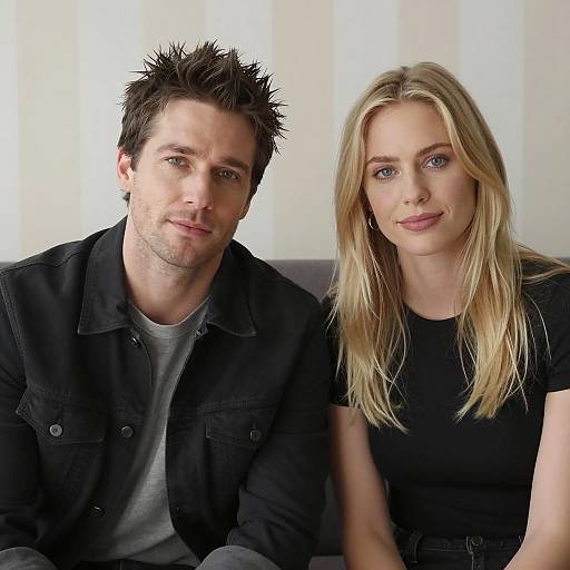 Man and woman sitting on gray couch