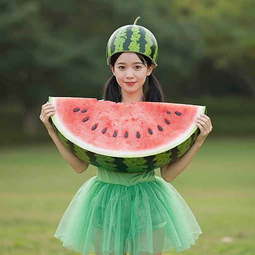 Asian woman wearing green watermelon hat and tutu, holding large watermelon slice, standing in grassy park. Photograph.