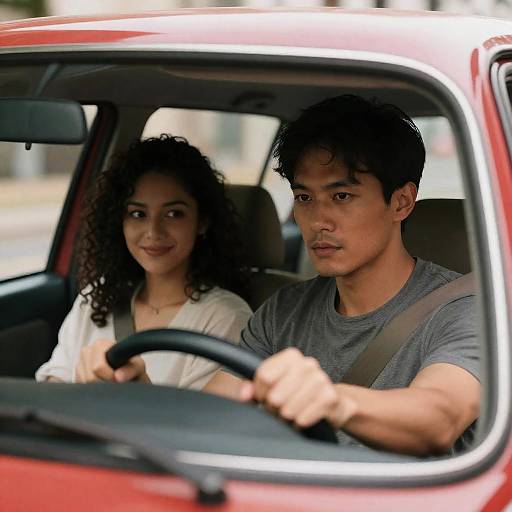 Couple in Red Car: Urban Snapshot
