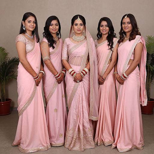 Photograph of five Indian women in matching light pink traditional sarees with gold embroidery, standing side by side, smiling, wearing jewelry and maang t