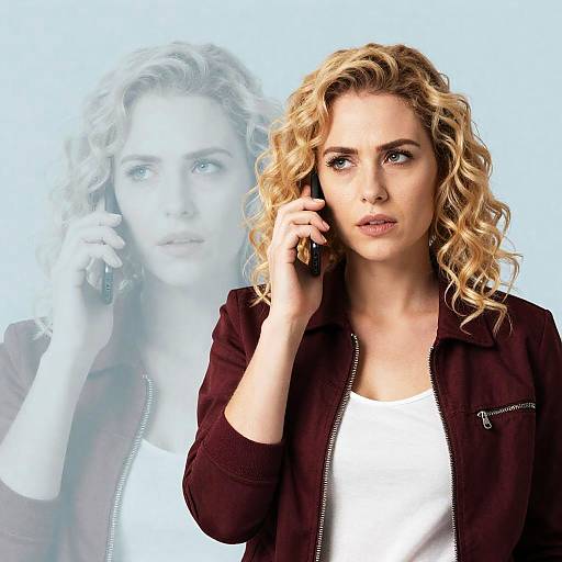 Blonde Woman with Phone in Maroon Jacket