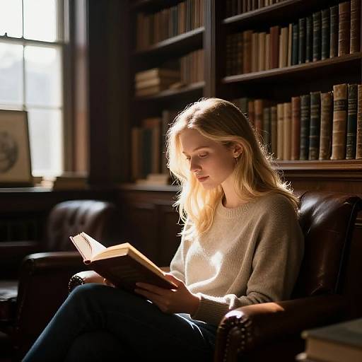 Photograph of a blonde woman with fair skin, wearing a gray sweater, reading a book in a sunlit library with dark wooden shelves and leather arm