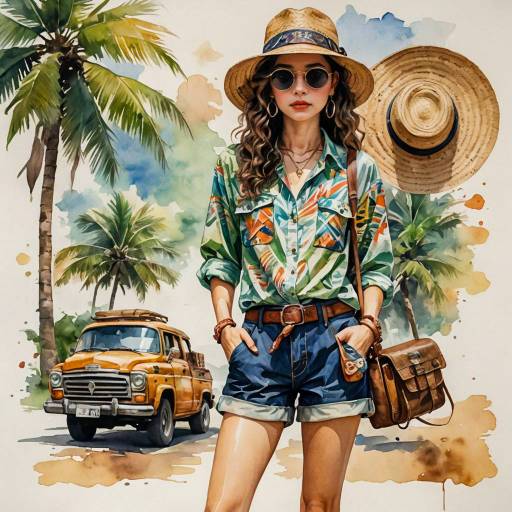 Stylish Young Woman in Tribal-Print Outfit with Straw Hat