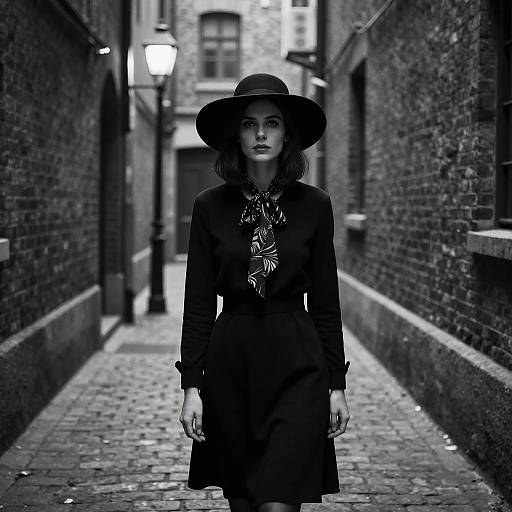 Black-and-white photograph of a woman in a dark dress and wide-brimmed hat, standing in a narrow, cobblestone alleyway with brick