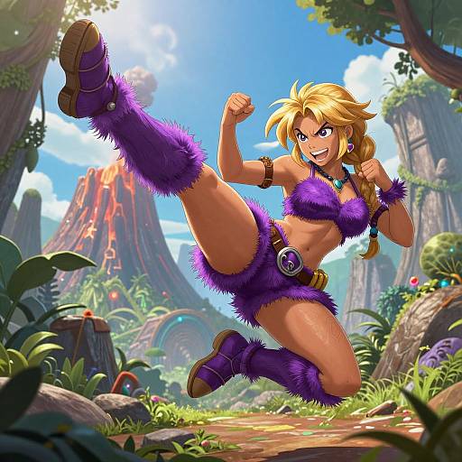 Digital art: Muscular blonde woman with purple fur outfit kicks high in vibrant jungle, mountains in background, smiling determinedly.