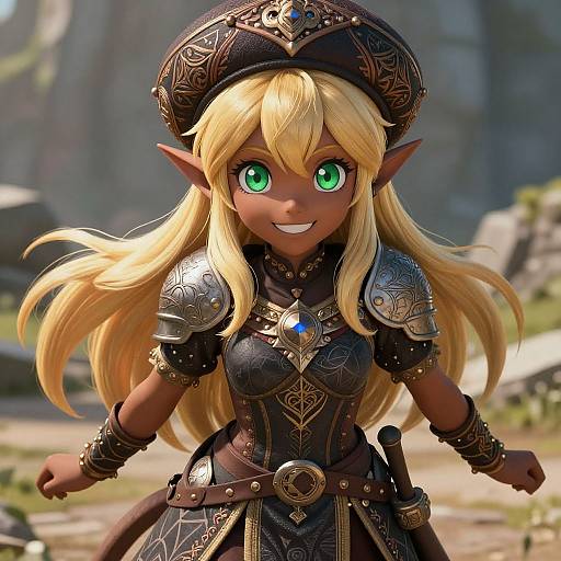 Digital artwork of a cute, dark-skinned, blonde elf with bright green eyes, wearing ornate medieval armor and a decorative hat, smiling in a