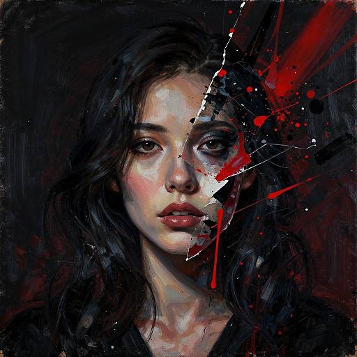 Digital painting of a somber, pale-skinned woman with dark hair, cracked face, and red blood splatters on a black background.