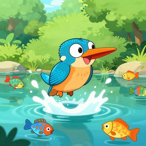 Cartoon-style drawing of a blue and orange kingfisher bird splashing into a vibrant, green forest pond with colorful fish.