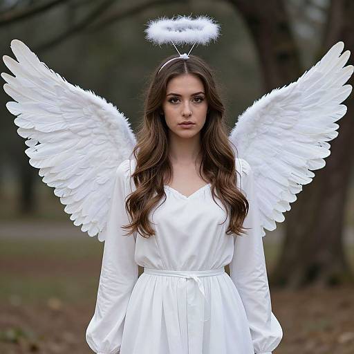 Photograph of a young woman with long brown hair, white angel wings, halo, and white dress, standing in a forest.