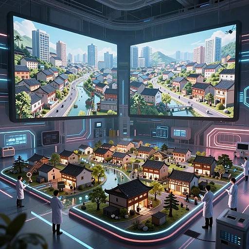 Digital illustration of a futuristic control room with two large screens displaying a vibrant, neon-lit cityscape. Two scientists in white lab coats observe a detailed