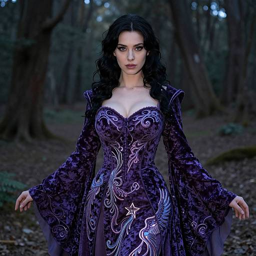 Digital artwork of a pale-skinned woman with dark curly hair, wearing a purple, velvet, strapless gown with intricate white embroidery, standing in a