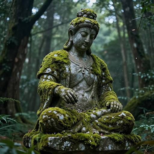 Photograph of a moss-covered Buddha statue sitting in a dense, misty forest, with its hands in a meditative position, surrounded by green foliage