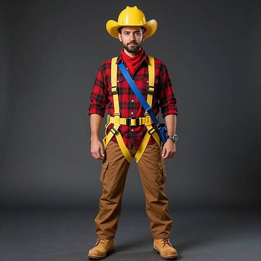 Man in Bob the Builder Costume with Safety Harness