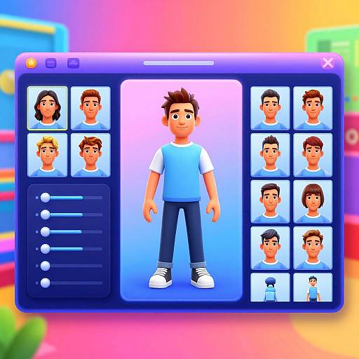 Digital cartoon of a customizable avatar app, featuring a central male character with brown hair and blue shirt, surrounded by 16 head options. Bright, colorful
