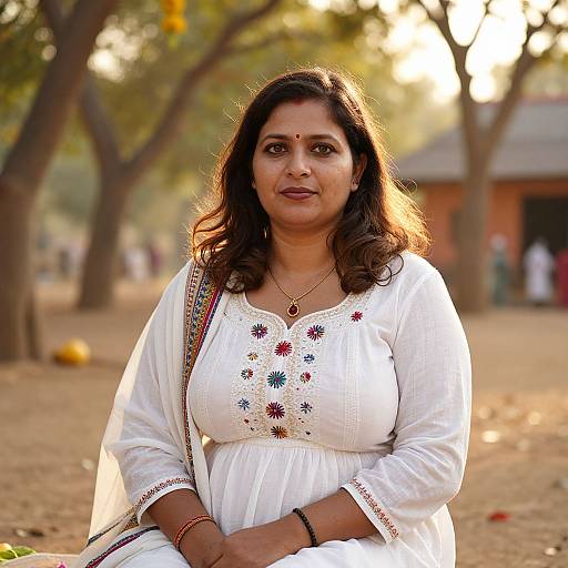 Photograph of a middle-aged Indian woman with dark hair, wearing a white embroidered traditional dress, standing outdoors in a sunlit, tree-lined area,
