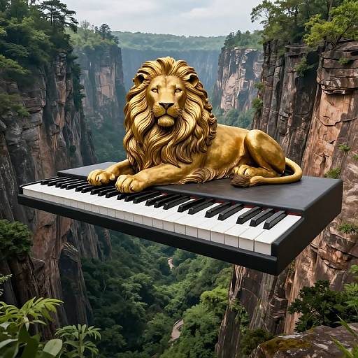 Photorealistic digital art: Golden lion with a majestic mane lounges on a floating keyboard above a lush, canyon-filled forest.