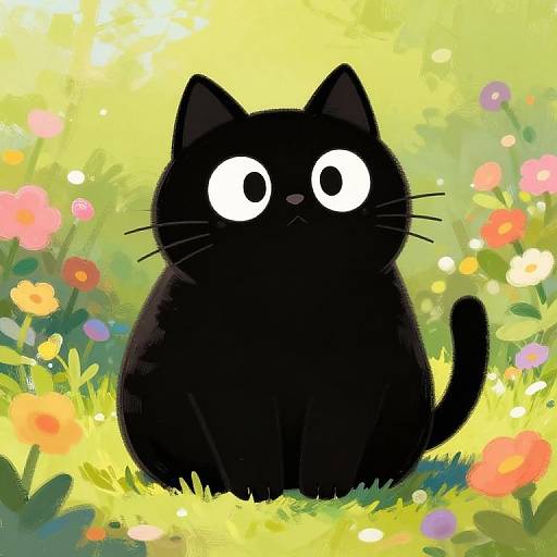 Cute digital drawing of a large, black cat with wide, white eyes sitting in a vibrant, colorful field of flowers.