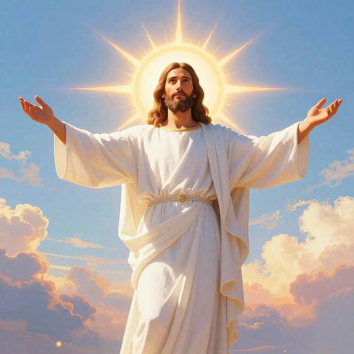 Photograph of Jesus with long brown hair, beard, and white robe, arms outstretched, glowing halo against a blue sky with fluffy clouds.