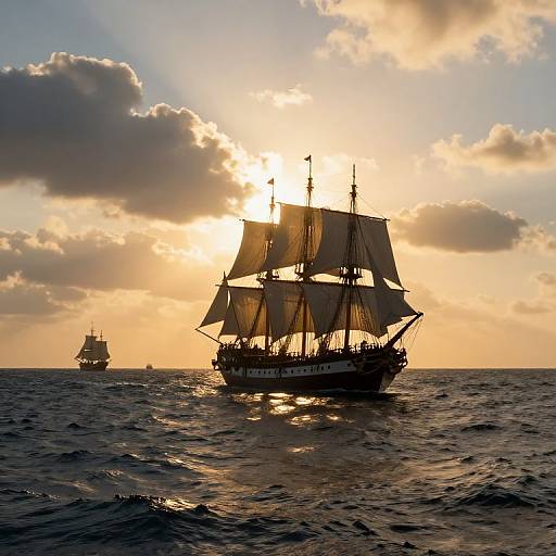 Photograph of two silhouetted sailing ships on a sunlit, cloudy ocean horizon, with golden sunlight reflecting off the water.