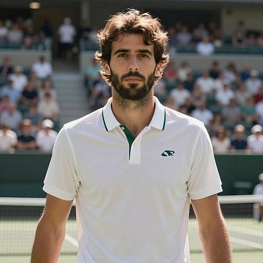 Photograph of a bearded, dark-haired male tennis player wearing a white polo shirt with green trim, standing on a sunlit court, background blurred