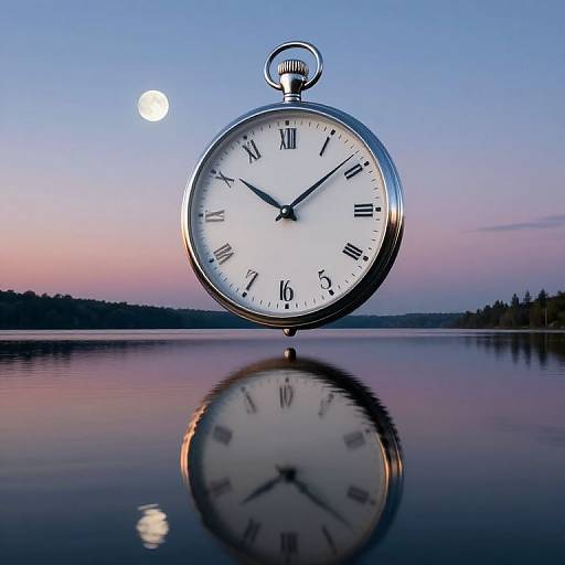 Surreal Floating Pocket Watch Over Lake at Twilight