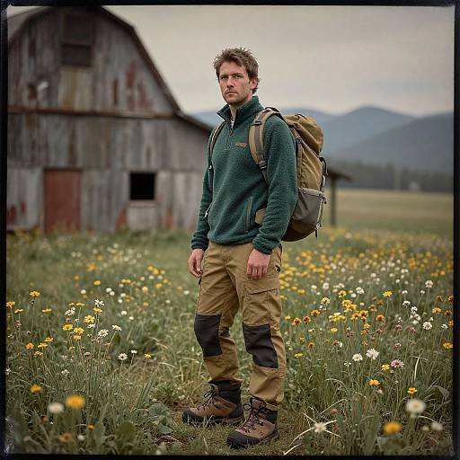 Photograph of a bearded man in green sweater, beige pants, and hiking boots, carrying a large backpack, standing in a wildflower field with