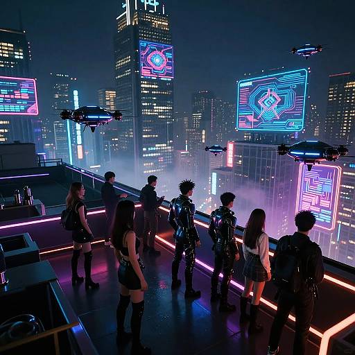 Neon-lit rooftop nightclub at night, six stylish, futuristic-clad people in black leather and latex, surrounded by glowing holographic screens and hovering