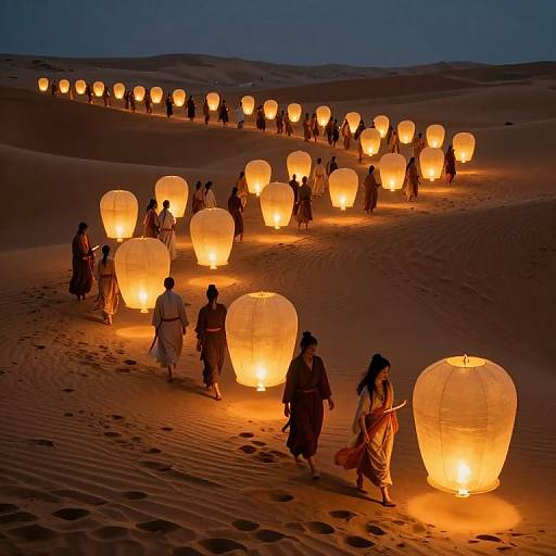 Photograph of a nighttime desert scene with a line of people holding glowing paper lanterns, walking through sand dunes under a dark blue sky.