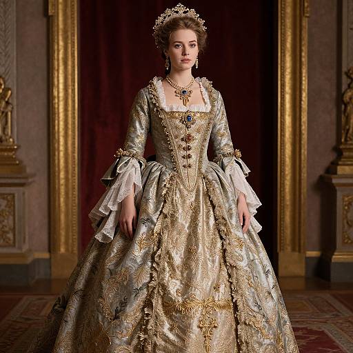 Photorealistic CGI of a regal woman in an ornate, gold and silver baroque-style gown with ruffled sleeves, crown, and necklace