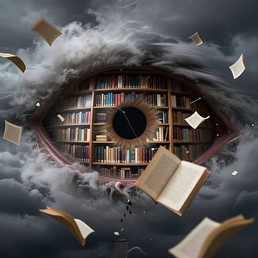 Photograph-style digital art of a circular library with floating books surrounded by dramatic, cloud-filled sky, centered on a glowing clock.