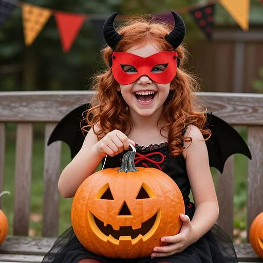 Photograph of a laughing red-haired girl in a red devil mask, black dress, bat wings, and horns, holding a carved pumpkin on a wooden
